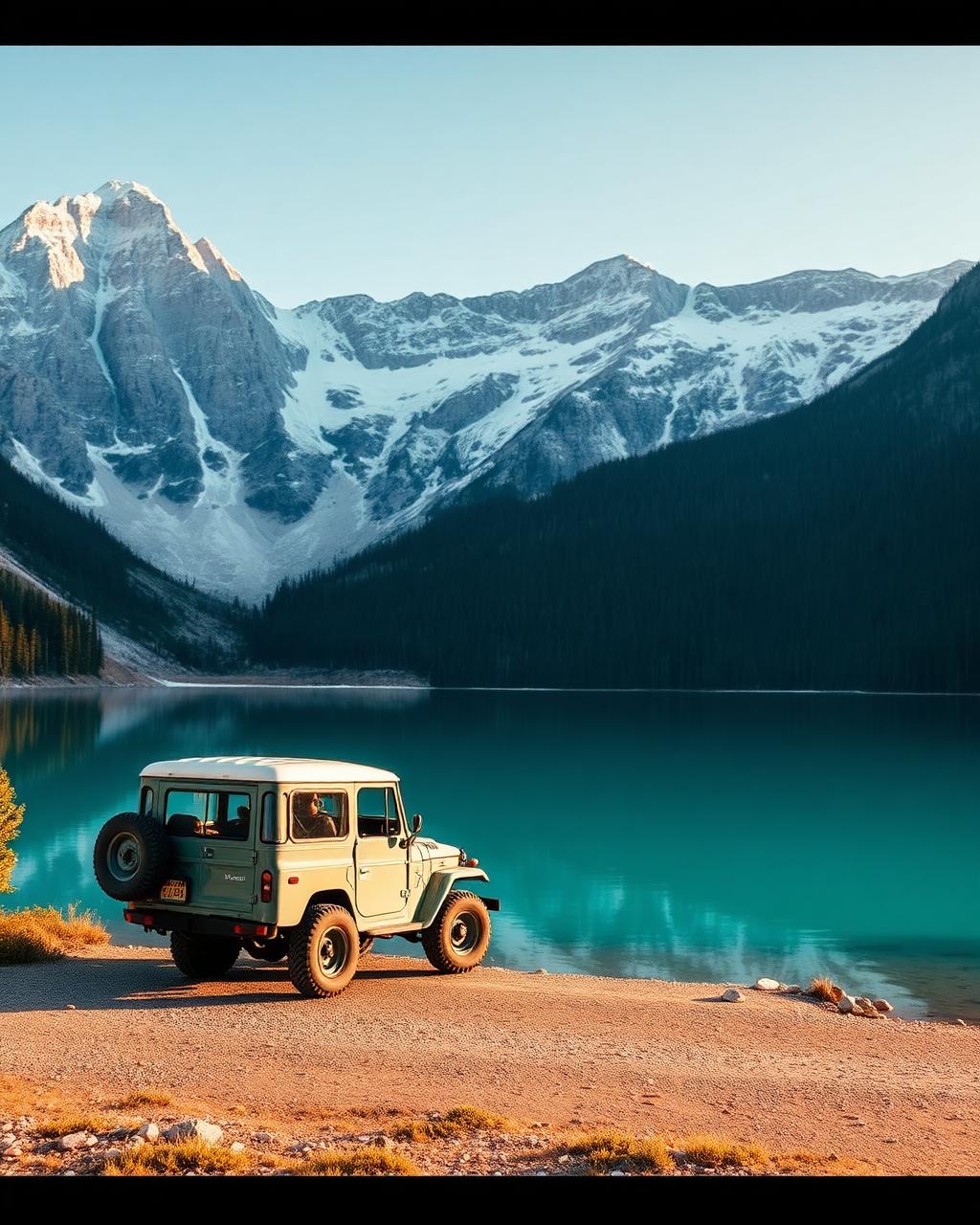 Vintage land cruiser at a turquoise alpine lake in the Canadian Rockies
